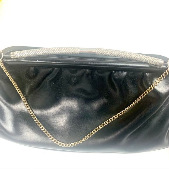 VTG 70s Black Vinyl Clutch Evening Bag Chain Strap - Picture 12 of 15